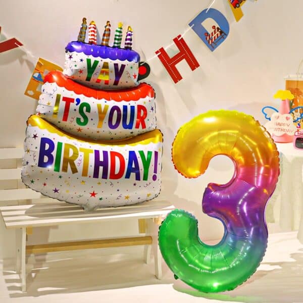 סט בלונים צבעוניים ליום הולדת בצורת עוגה בעלת 3 שכבות עם נרות