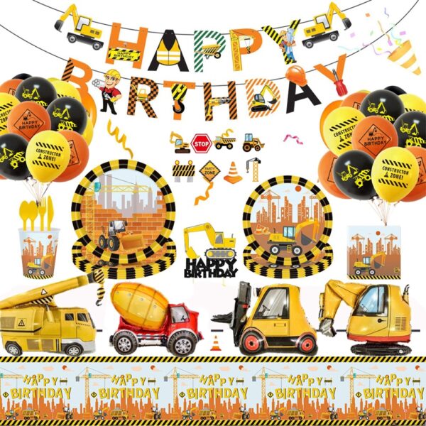 קישוטי יום הולדת לילדים באווירה של טרקטורים ומשאיות - כוסות, צלחות ומפה עם נושא טרקטורים