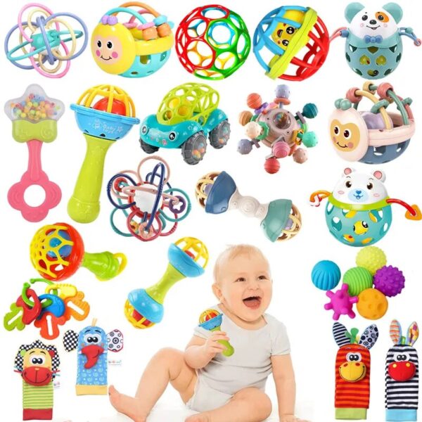 צעצועים המפעילים את החושים לתינוק, כולל רעשן, כדור להפעלת היד ונשכן
