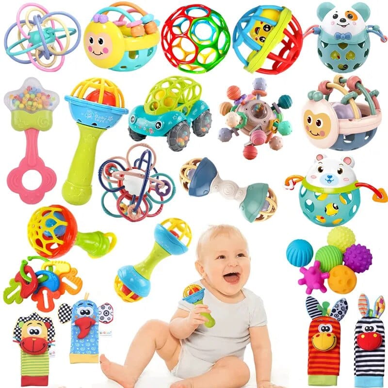 מגוון ענק של צעצועים המפעילים את החושים לתינוק: רעשן, כדור להפעלת היד נשכן ועוד